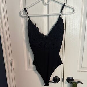 Black Lace Bodysuit with Spaghetti Straps. Diamond decals on straps